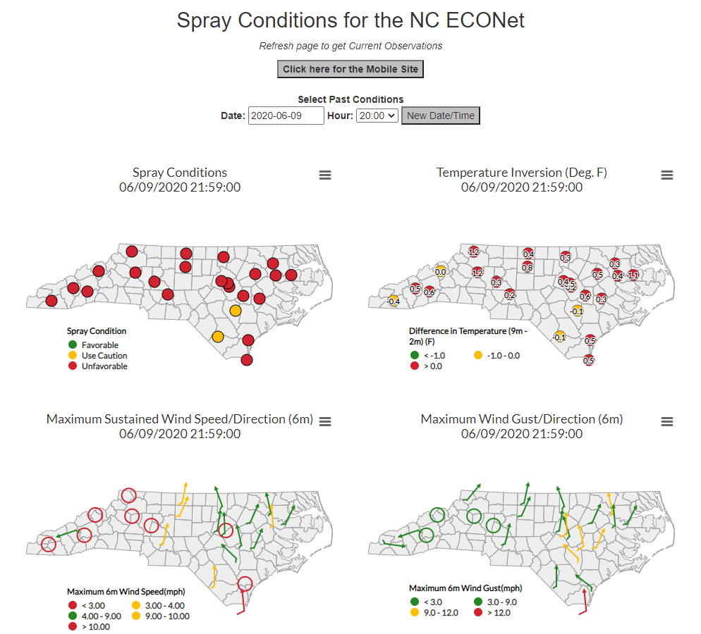 Map view of the Spray Conditions Tool for NCECONet.