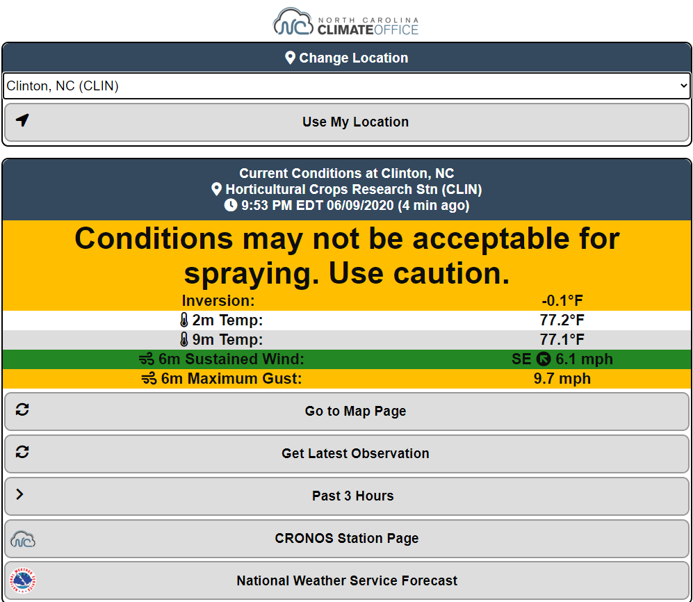 Mobile version view of the Spray Conditions Tool for NCECONet.