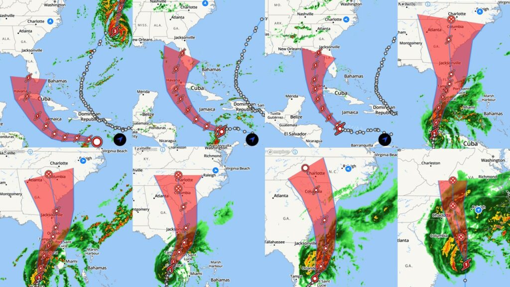 Predicted path of Hurricane Ian showing it traveling into North Carolina through South Carolina.