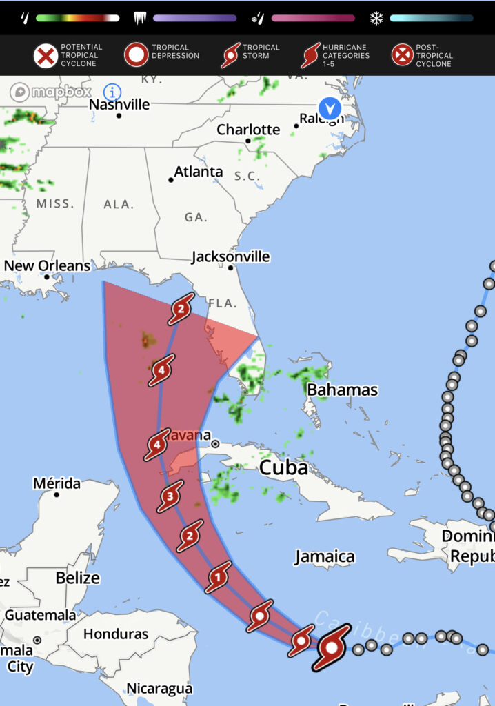 A map showing the predicted track and strength of Hurricane Ian.